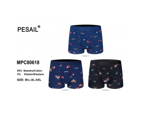 Боксери чоловічі PESAIL 80618 коттон Новорічні , сині , чорні М-2XL (24/12 шт в уп)