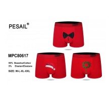 Боксери чоловічі PESAIL 80617 коттон Новорічні , червоні М-2XL (24/12 шт в уп)