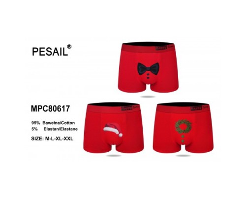 Боксери чоловічі PESAIL 80617 коттон Новорічні , червоні М-2XL (24/12 шт в уп)